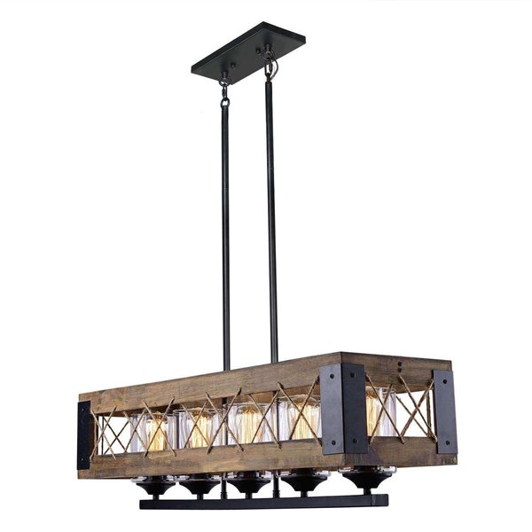 LNC Laius 5-Light Matte Black and Brown Wood Farmhouse Cage LED Chandelier