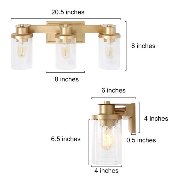 LNC Charm 3-Light Gold with Seeded Glass Shade Modern Vanity Light Bar