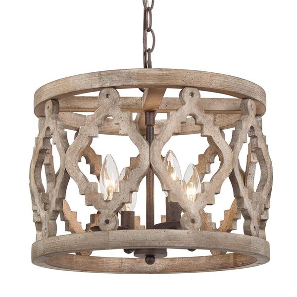 LNC Quaint 4-Light Distressed Bronze and Brown Wood Drum Chandelier