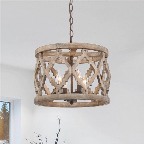 LNC Quaint 4-Light Distressed Bronze and Brown Wood Drum Chandelier