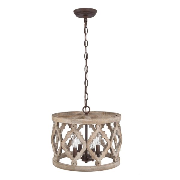 LNC Quaint 4-Light Distressed Bronze and Brown Wood Drum Chandelier