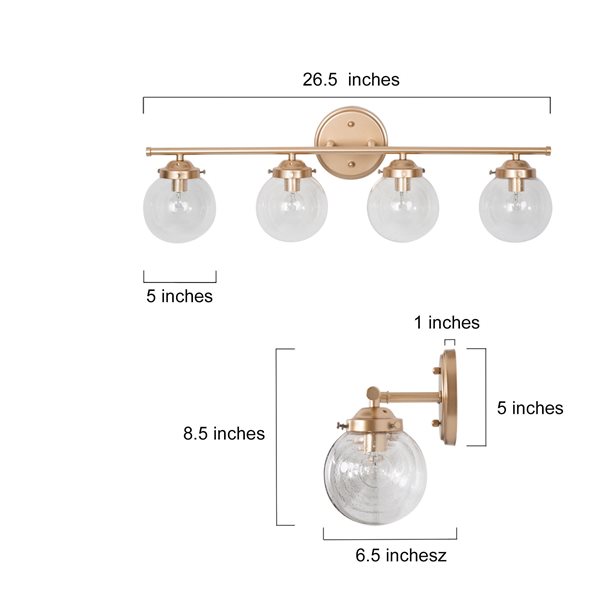 LNC Ellan 4-Light Matte Gold and Clear Glass Globe Contemporary Vanity Light