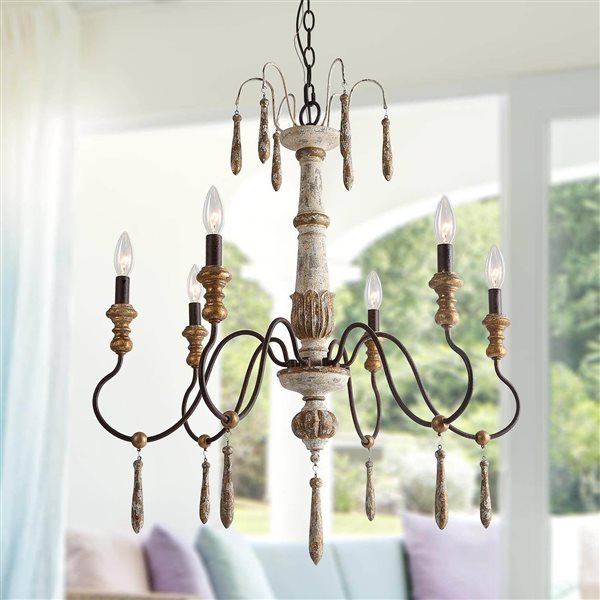 LNC Andromeda 6-Light White Wood and Bronze French Country Beaded Chandelier