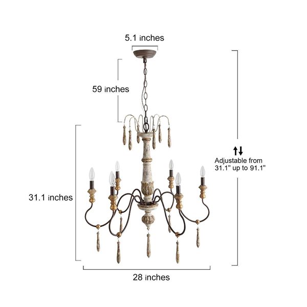 LNC Andromeda 6-Light White Wood and Bronze French Country Beaded Chandelier