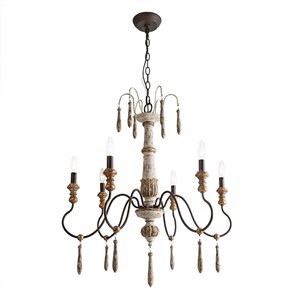 LNC Andromeda 6-Light White Wood and Bronze French Country Beaded Chandelier