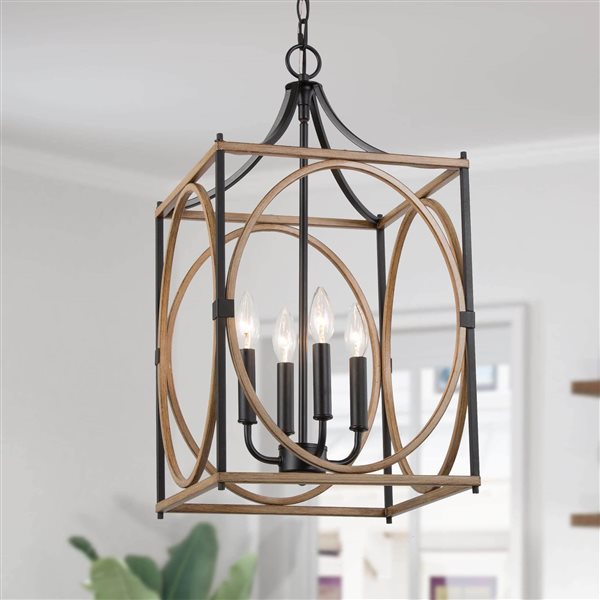 LNC Ribbon 4-Light Matte Black and Faux Dark Brown Wood Chandelier