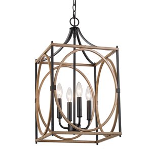 LNC Ribbon 4-Light Matte Black and Faux Dark Brown Wood Chandelier