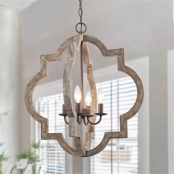 LNC Timeless 4-Light Distressed Brown Wood and Bronze Globe Farmhouse Chandelier