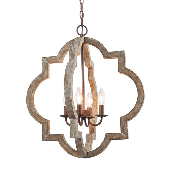 LNC Timeless 4-Light Distressed Brown Wood and Bronze Globe Farmhouse Chandelier