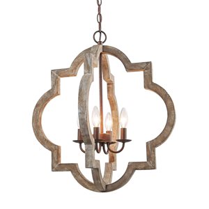 LNC Timeless 4-Light Distressed Brown Wood and Bronze Globe Farmhouse Chandelier