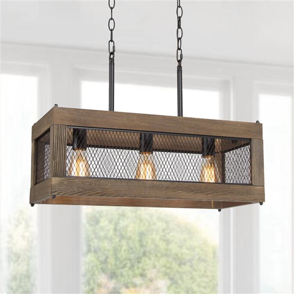 LNC Lucia 3-Light Brown Wood and Matte Black Farmhouse Kitchen Island Light