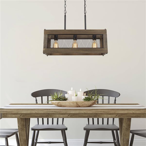 LNC Lucia 3-Light Brown Wood and Matte Black Farmhouse Kitchen Island Light