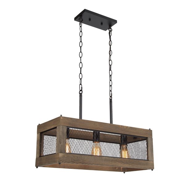 LNC Lucia 3-Light Brown Wood and Matte Black Farmhouse Kitchen Island Light