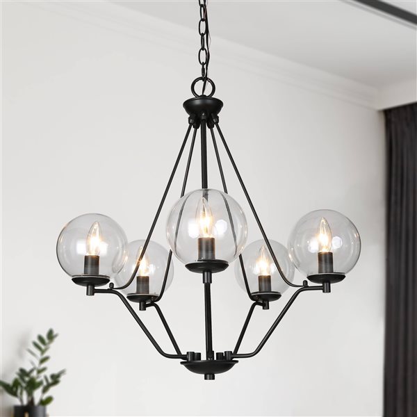 LNC Charm 5-Light Matte Black and Glass Globe Empire Modern/Contemporary Chandelier