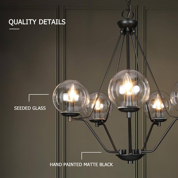 LNC Charm 5-Light Matte Black and Glass Globe Empire Modern/Contemporary Chandelier