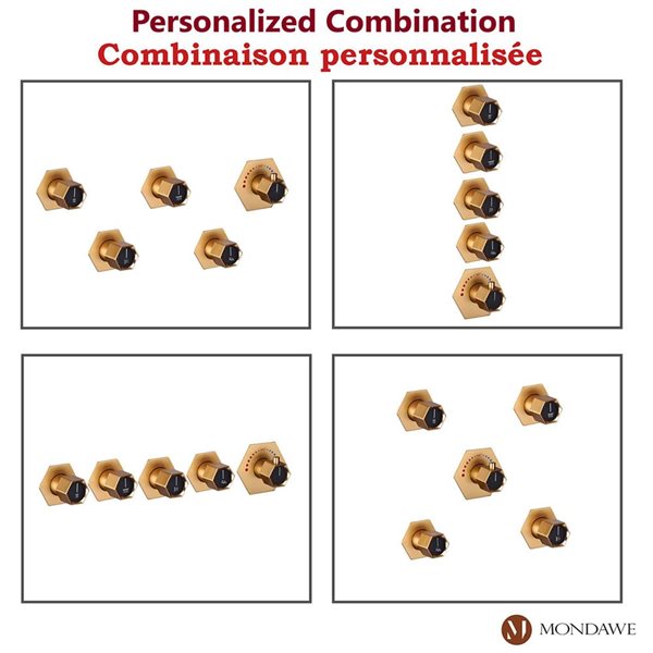 Système encastré robinetterie de douche thermostatique à double pommeau Mondawe or brossé avec jets de corps