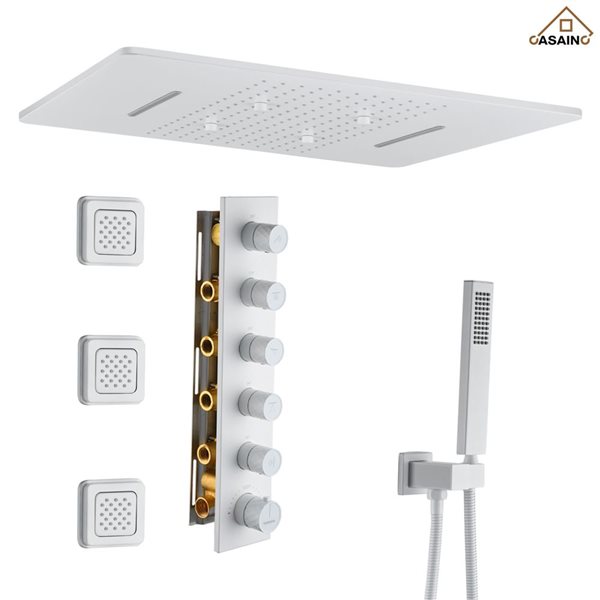 CASAINC Matte White 3-Spray Thermostatic Complete Rainfall Shower System w/ Rough in-Valve and Body Spray