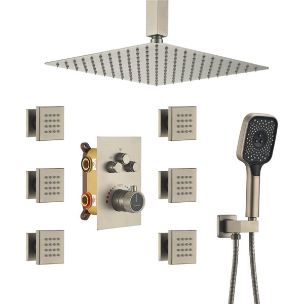 CASAINC 3-Function 12-in Brushed Nickel Ceiling-Mounted Rainfall Thermostatic Shower System With 6 Body Jets