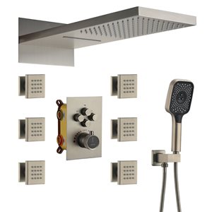 CASAINC 4-Function 22-in Brushed Nickel Wall-Mounted Rainfall Thermostatic Shower System With 6 Body Jets