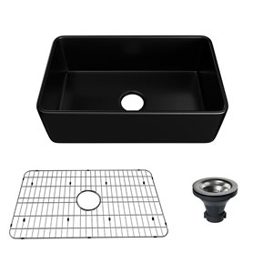 CASAINC 30-in W Matte Black Fireclay Single Bowl Farmhouse Apron Kitchen Sink - Strainer and Grid Included