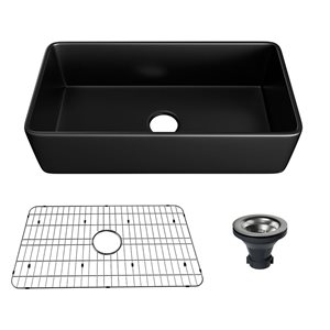 CASAINC 36-in W Matte Black Fireclay Single Bowl Farmhouse Apron Kitchen Sink - Strainer and Grid Included