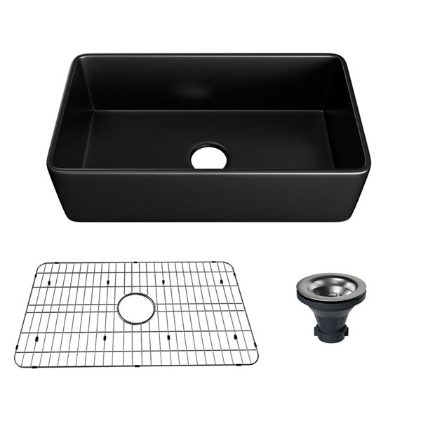 CASAINC 33-in W Matte Black Fireclay Single Bowl Farmhouse Apron Kitchen Sink - Strainer and Grid Included