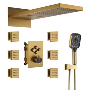 CASAINC 4-Function 22-in Brushed Gold Wall-Mounted Rainfall Thermostatic Shower System With 6 Body Jets