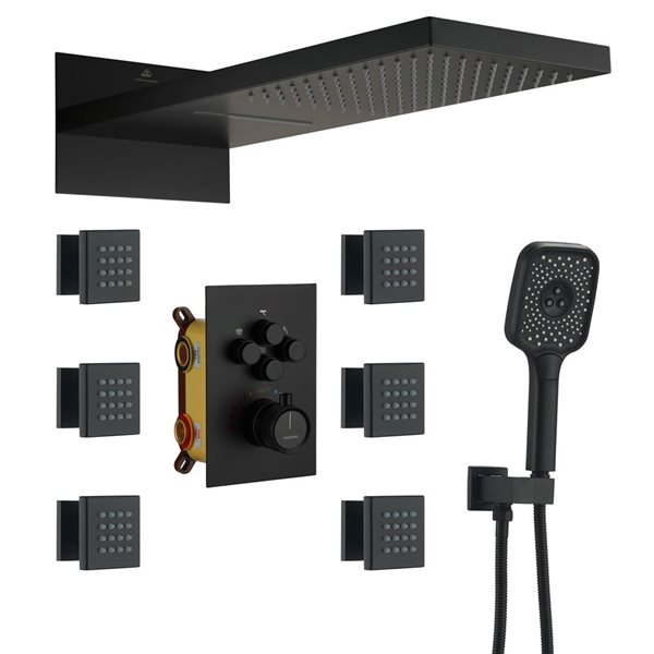 CASAINC 4-Function 22-in Matte Black Wall-Mounted Rainfall Thermostatic Shower System With 6 Body Jets