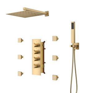 CASAINC 3-Function 12-in Brushed Gold Luxury Wall-Mounted Rainfall Shower System With 6 Body Jets