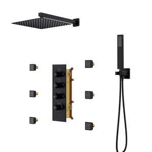 CASAINC 3-Function 12-in Matte Black Luxury Wall-Mounted Rainfall Shower System With 6 Body Jets