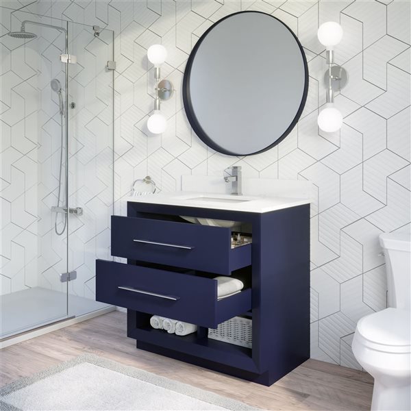 Meuble-lavabo simple autoportant bleu Riley par Spa Bathe 36 po avec barre d'alimentation et organisateur de tiroirs