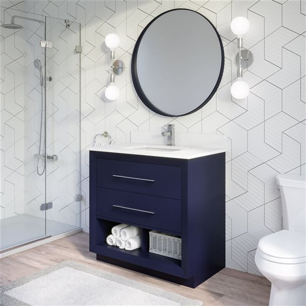 Meuble-lavabo simple autoportant bleu Riley par Spa Bathe 36 po avec barre d'alimentation et organisateur de tiroirs