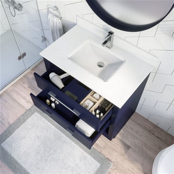 Meuble-lavabo simple autoportant bleu Riley par Spa Bathe 36 po avec barre d'alimentation et organisateur de tiroirs