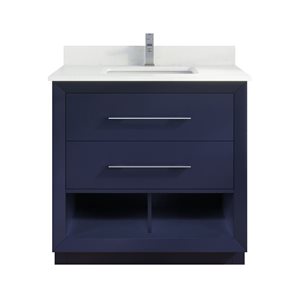 Meuble-lavabo simple autoportant bleu Riley par Spa Bathe 36 po avec barre d'alimentation et organisateur de tiroirs