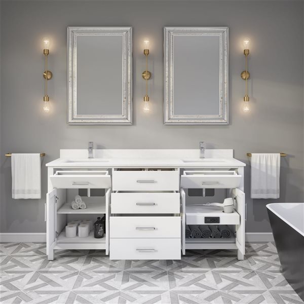 Spa Bathe Kate 72-in White Double Sink Freestanding Vanity w/ Power Bar and Drawer Organizer