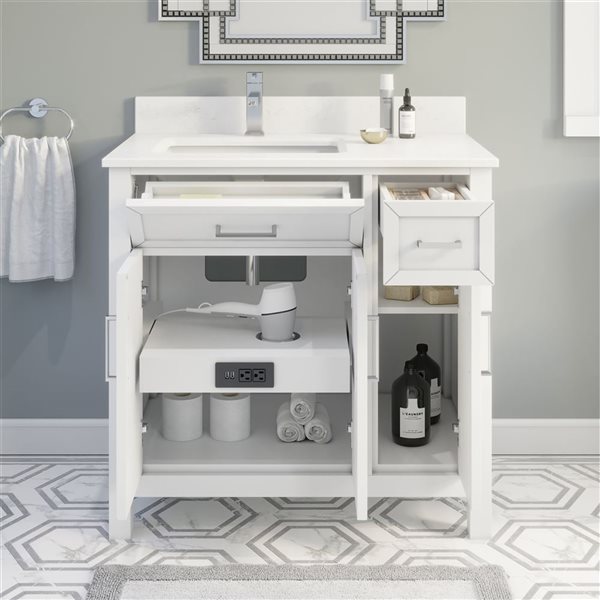 Spa Bathe Thomas 36-in White Single Sink Freestanding Vanity w/ Power Bar and Drawer Organizer