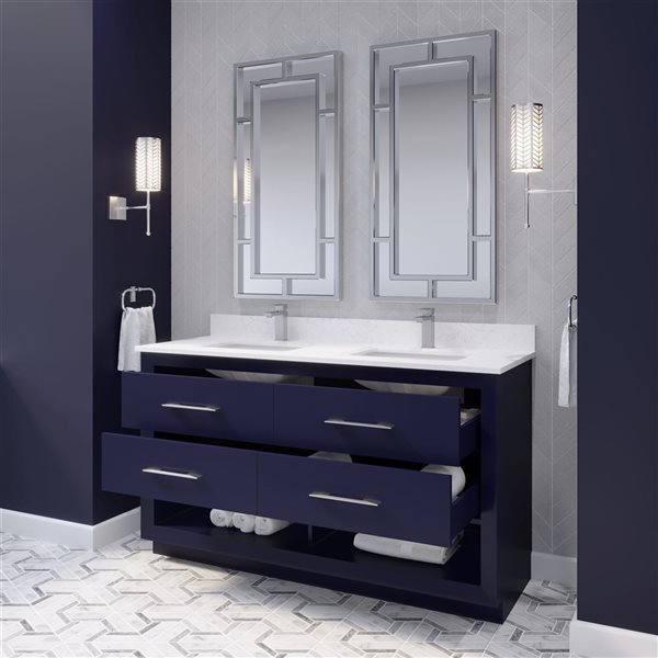 Meuble-lavabo double autoportant bleu Riley par Spa Bathe 60 po avec barre d'alimentation et organisateur de tiroirs