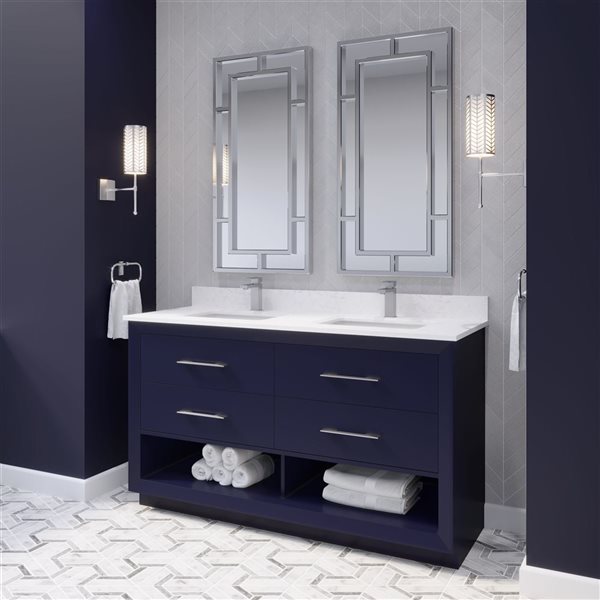 Meuble-lavabo double autoportant bleu Riley par Spa Bathe 60 po avec barre d'alimentation et organisateur de tiroirs