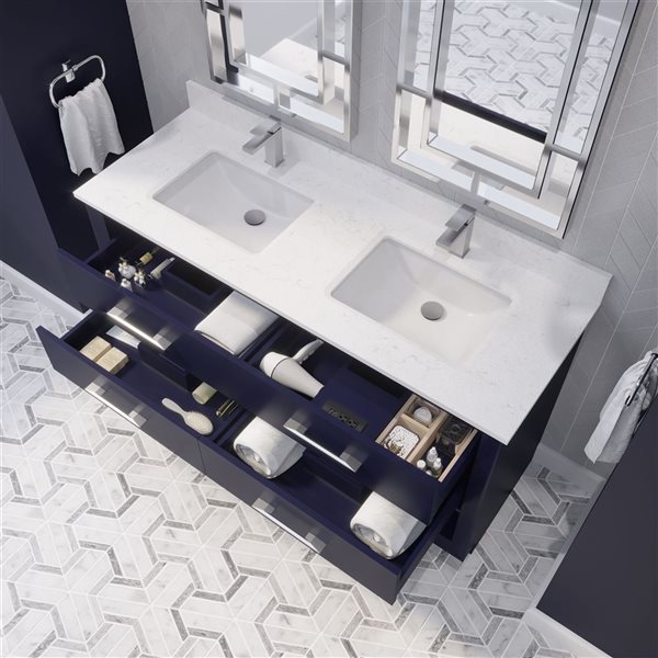 Meuble-lavabo double autoportant bleu Riley par Spa Bathe 60 po avec barre d'alimentation et organisateur de tiroirs