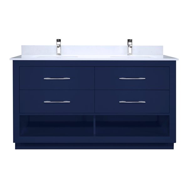 Meuble-lavabo double autoportant bleu Riley par Spa Bathe 60 po avec barre d'alimentation et organisateur de tiroirs