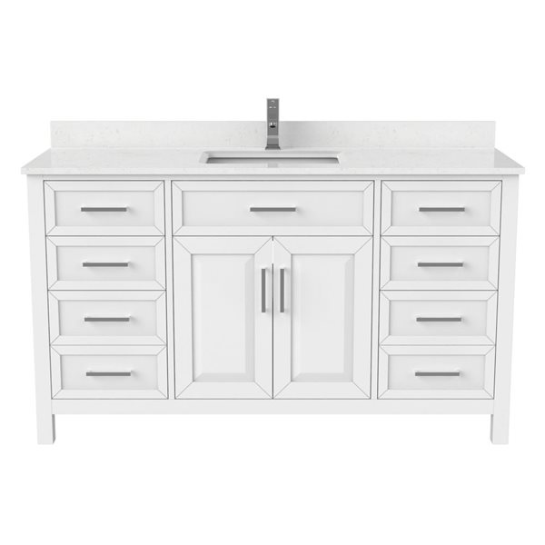 Meuble-lavabo simple autoportant blanc Thomas par Spa Bathe 60 po avec barre d'alimentation et organisateur de tiroirs