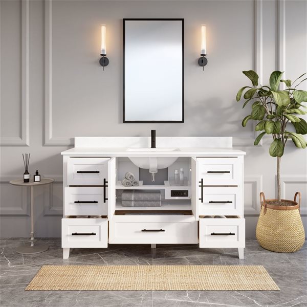 Spa Bathe Henley 60-in White Single Vanity w/ Power Bar and Drawer Organizer