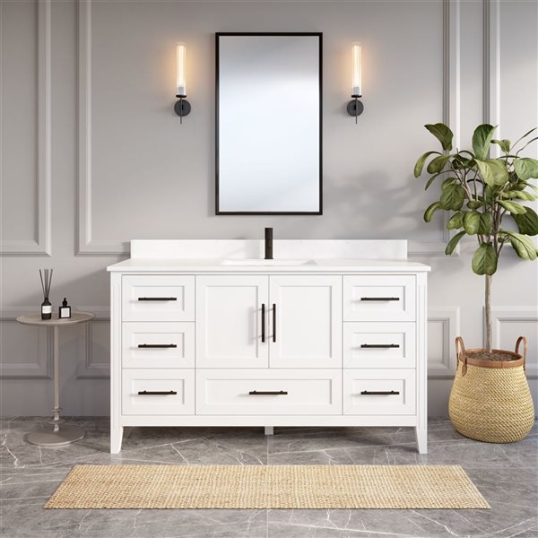 Spa Bathe Henley 60-in White Single Vanity w/ Power Bar and Drawer Organizer