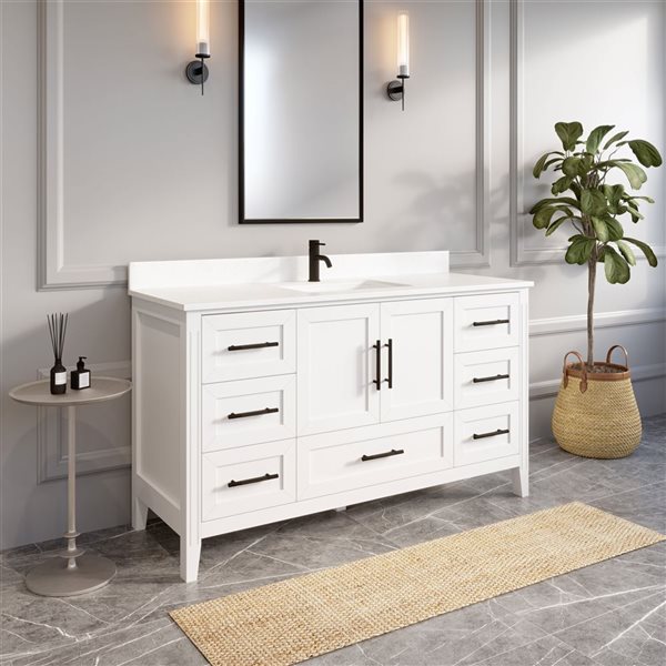 Spa Bathe Henley 60-in White Single Vanity w/ Power Bar and Drawer Organizer