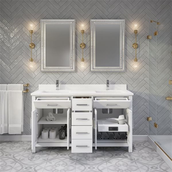 Spa Bathe Kate 60-in White Double Sink Freestanding Vanity w/ Power Bar and Drawer Organizer