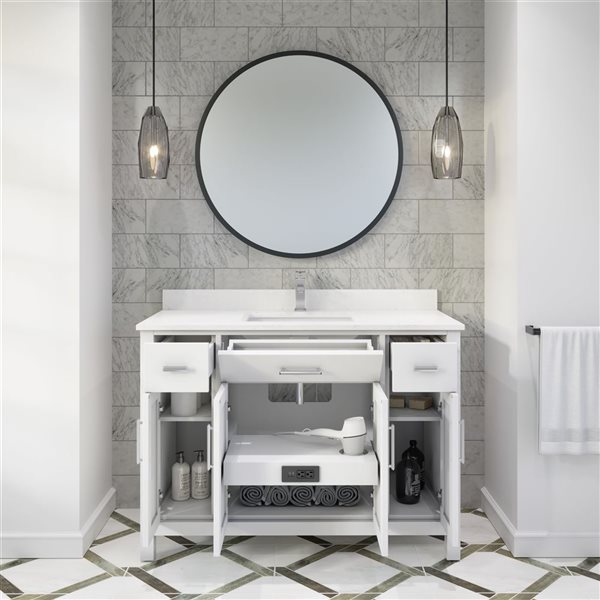 Spa Bathe Kate 48-in White Single Sink Freestanding Vanity w/ Power Bar and Drawer Organizer