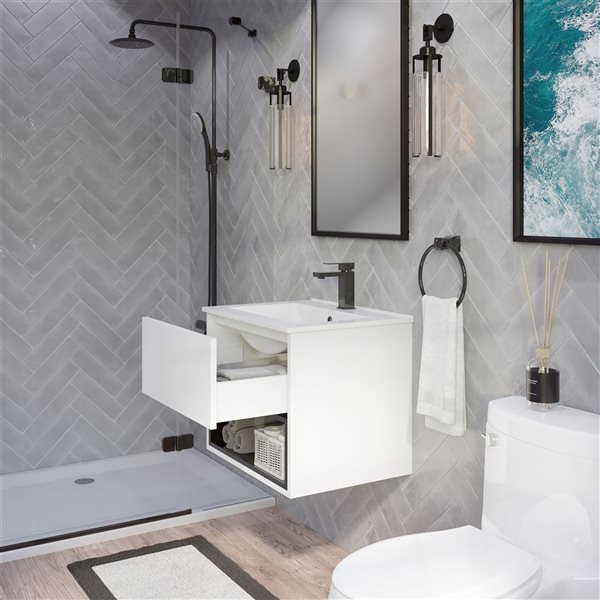 Spa Bathe Hayden 24-in White Single Sink Freestanding Vanity w/ White with Gray Specks Engineered Stone Top