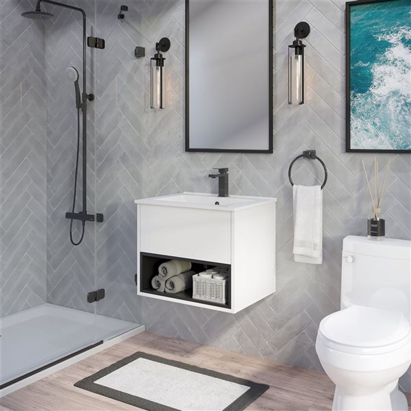 Spa Bathe Hayden 24-in White Single Sink Freestanding Vanity w/ White with Gray Specks Engineered Stone Top