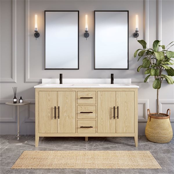 Spa Bathe Vance 60-in White Oak Double Vanity w/ Power Bar and Drawer Organizer