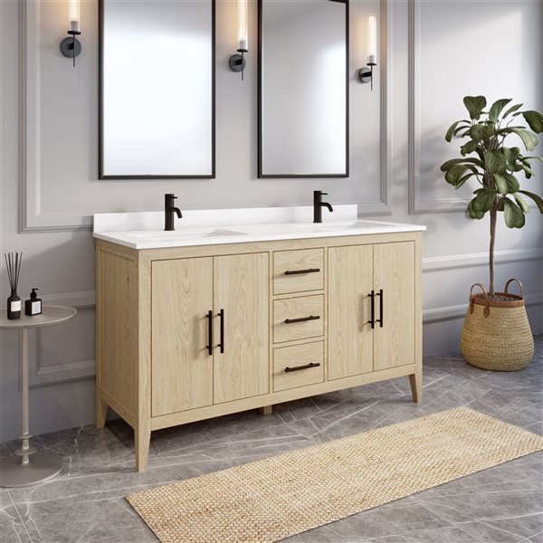 Spa Bathe Vance 60-in White Oak Double Vanity w/ Power Bar and Drawer Organizer